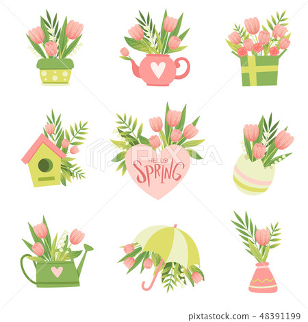 Collection of Bouquets of Pink Flowers, Hello Spring Floral Design Template Vector Illustration Collection of Bouquets of Pink Flowers, Hello Spring Floral Design Template Vector Illustration 48391199