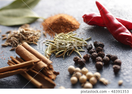 各種各樣的香料和香料採取有藍色背景 各種各樣的香料和香料採取有藍色背景 48391353