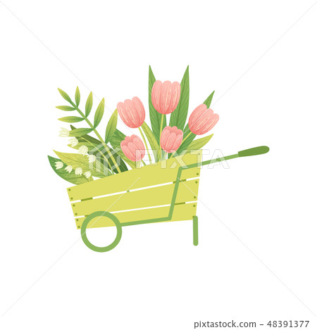 Bouquet of Pink Tulip Flowers in Wooden Cart, Hello Spring Floral Design Template Vector 48391377