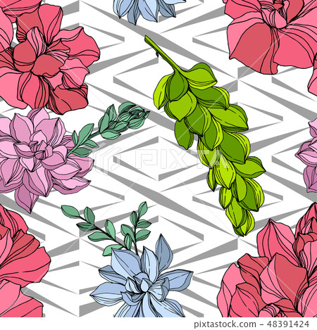 Vector Jungle botanical succulent flower. Engraved ink art illustration. Seamless background pattern Vector Jungle botanical succulent flower. Engraved ink art illustration. Seamless background pattern 48391424