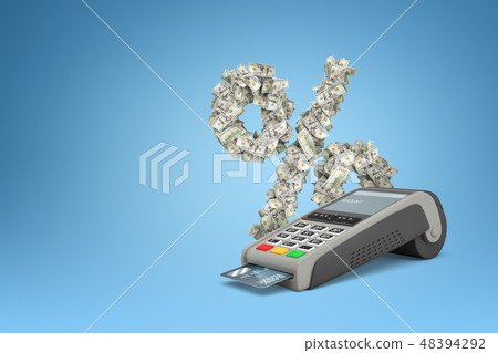 3d rendering of a percent sign made of dollars and a PIN pad on blue background 3d rendering of a percent sign made of dollars and a PIN pad on blue background 48394292