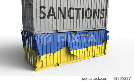 Container with SANCTIONS text breaks cargo container with flag of Ukraine. Embargo or political 48395827