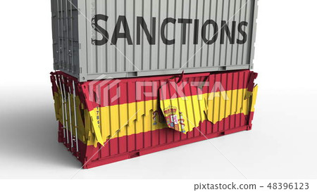 Container with SANCTIONS text breaks cargo container with flag of Spain. Embargo or political export 48396123