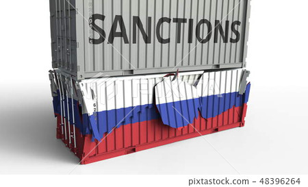 Container with SANCTIONS text breaks cargo container with flag of Russia. Embargo or political Container with SANCTIONS text breaks cargo container with flag of Russia. Embargo or political 48396264