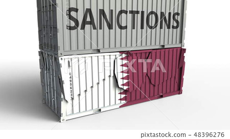 Container with SANCTIONS text breaks cargo container with flag of Qatar. Embargo or political export 48396276