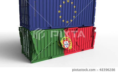 Container with flag of the European Union EU breaks cargo container with flag of Portugal. Trade war Container with flag of the European Union EU breaks cargo container with flag of Portugal. Trade war 48396286