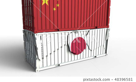 Container with flag of China breaks cargo container with flag of Japan. Trade war or economic 48396581