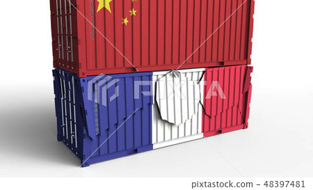 Container with flag of China breaks cargo container with flag of France. Trade war or economic Container with flag of China breaks cargo container with flag of France. Trade war or economic 48397481