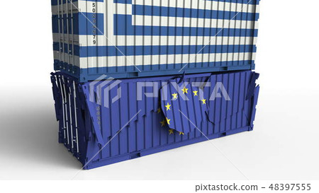Container with flag of Greece breaks cargo container with flag of the European Union EU. Trade war Container with flag of Greece breaks cargo container with flag of the European Union EU. Trade war 48397555