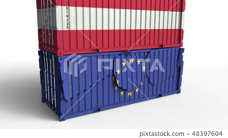 Container with flag of Austria breaks cargo container with flag of the European Union. Trade war or 48397604