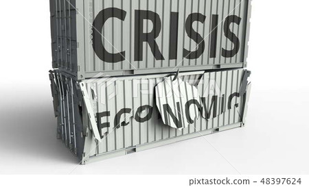 Container with ECONOMIC text being broken by cargo container with CRISIS inscription. Conceptual 3D Container with ECONOMIC text being broken by cargo container with CRISIS inscription. Conceptual 3D 48397624