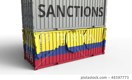 Container with SANCTIONS text breaks cargo container with flag of Colombia. Embargo or political 48397773