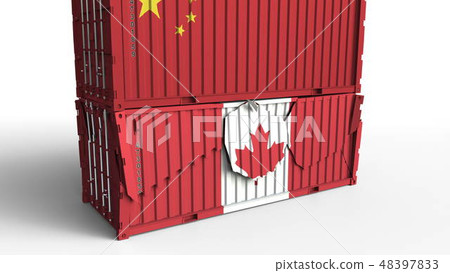 Container with flag of China breaks cargo container with flag of Canada. Trade war or economic Container with flag of China breaks cargo container with flag of Canada. Trade war or economic 48397833