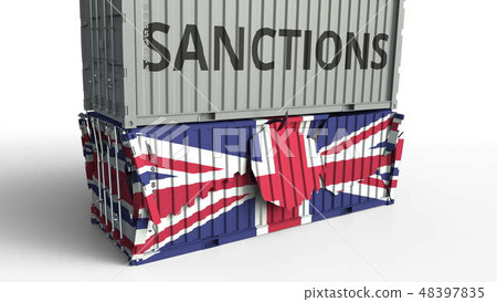 Container with SANCTIONS text breaks cargo container with flag of the United Kingdom. Embargo or 48397835