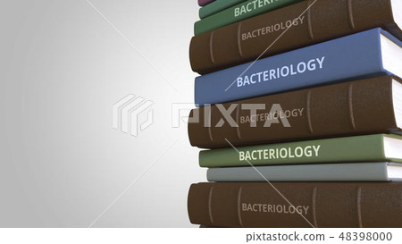 BACTERIOLOGY title on the stack of books, conceptual 3D rendering BACTERIOLOGY title on the stack of books, conceptual 3D rendering 48398000