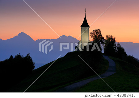 Jamnik church sunrise, landscape in Slovenia 48398413