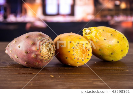 Fresh bright prickly pear opuntia with restaurant 48398561