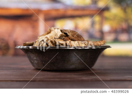 Dry brown mushroom boletus edulis with cart 48399026