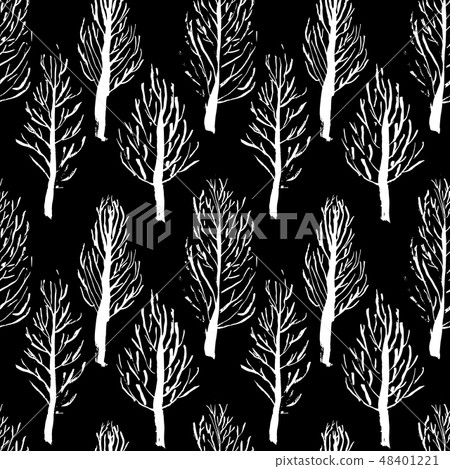 Seamless pattern with naked trees. Hand drawn grunge ink background. Vector illustration. 48401221