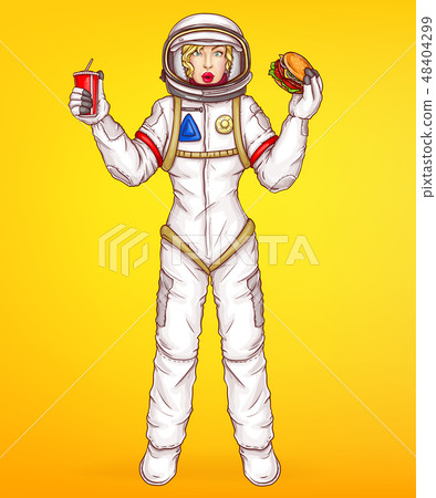 Vector pop art spacewoman holds food, burger Vector pop art spacewoman holds food, burger 48404299