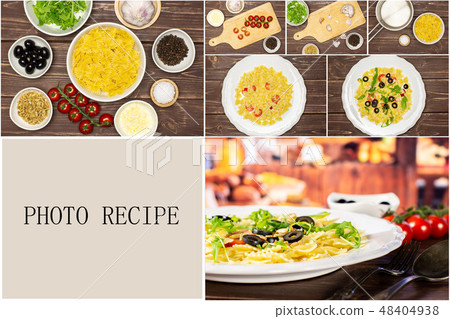 Recipe farfalle with arugula leaves on brown wood Recipe farfalle with arugula leaves on brown wood 48404938