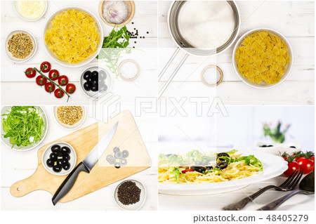 Recipe farfalle with arugula leaves on grey wood Recipe farfalle with arugula leaves on grey wood 48405279