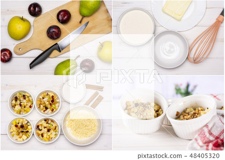 Recipe step by step crumble with fruits grey wood Recipe step by step crumble with fruits grey wood 48405320