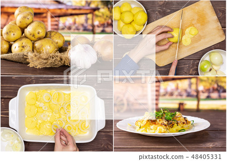 Recipe baked potatoes with onion on brown wood 48405331