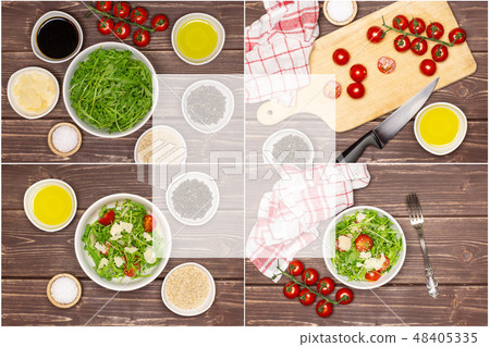 Recipe step by step arugula salad on brown wood Recipe step by step arugula salad on brown wood 48405335