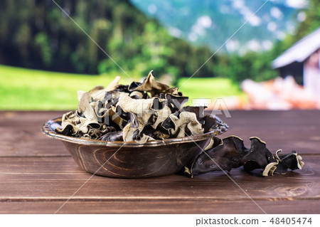 Dry black mushroom jew ear with country nature Dry black mushroom jew ear with country nature 48405474