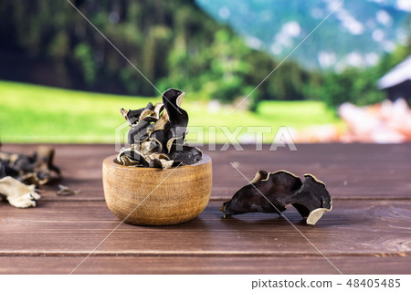 Dry black mushroom jew ear with country nature Dry black mushroom jew ear with country nature 48405485