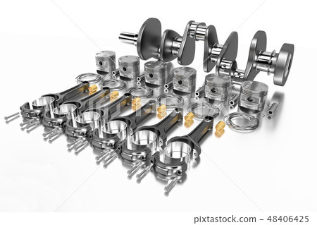 3D rendering. Engine bearing crankshaft with pistons and piston rings. 48406425