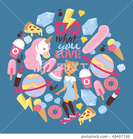 Skater vector pattern skating girl character and girlish accessories lipstick icecream kids unicorn Skater vector pattern skating girl character and girlish accessories lipstick icecream kids unicorn 48407198