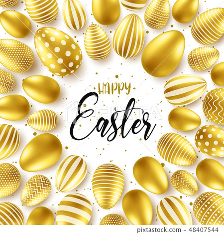 Easter background with realistic golden eggs. Spring egg hunt. Happy holiday greeting card with text 48407544