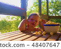 Digital watercolor painting of cute little girl. Girl sitting on verandah 48407647