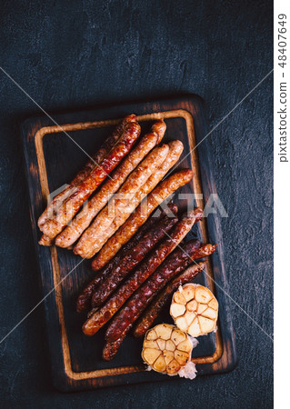 beer snacks. bar table. homemade grilled sausages 48407649