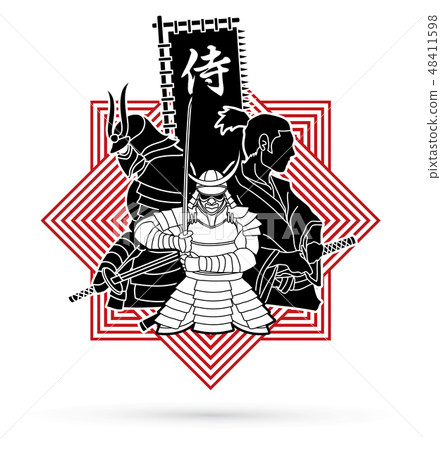 3 Samurai composition with flag Japanese font   48411598