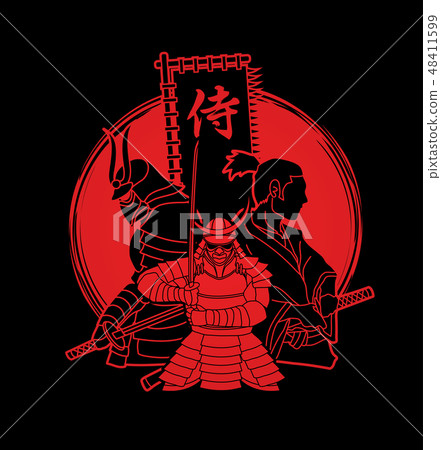 3 Samurai composition with flag Japanese font   48411599