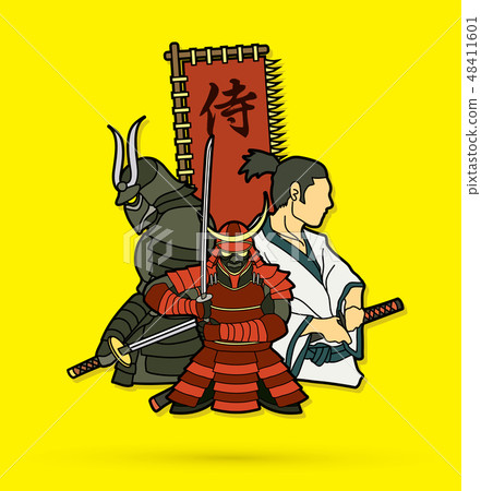 3 Samurai composition with flag Japanese font  48411601