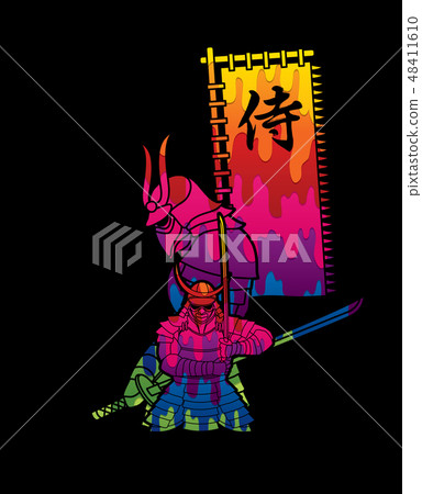 2 Samurai composition with flag Japanese font  2 Samurai composition with flag Japanese font  48411610