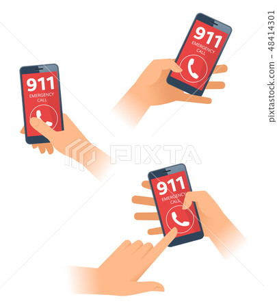 The hands dial 911 number on the smartphone. The hands dial 911 number on the smartphone. 48414301