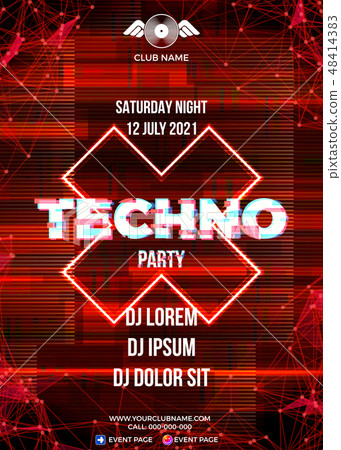 Glitch party poster with blue background and triangle for techno 48414383