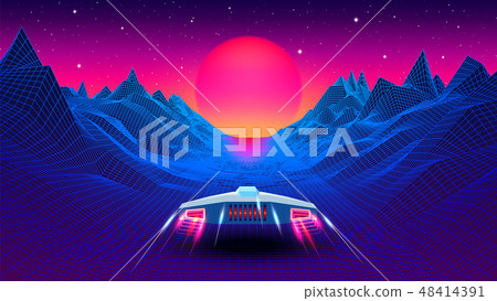Arcade space ship flying to the sun in blue corridor or canyon landscape with 3D mountains, 80s 48414391