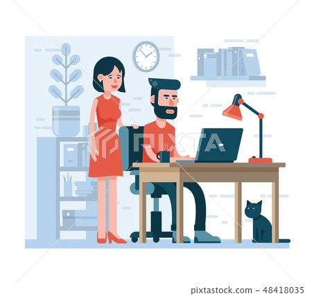 Man is working on laptop woman is standing next 48418035