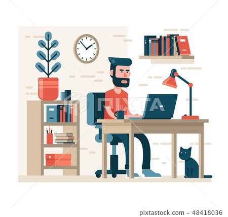 Bearded man with hipster hairdress works on laptop sitting on chair at the table Bearded man with hipster hairdress works on laptop sitting on chair at the table 48418036