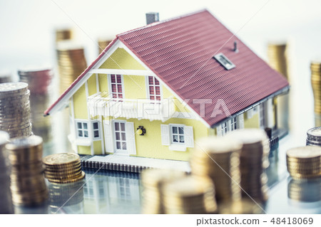Model familly house with coins as money concept. 48418069