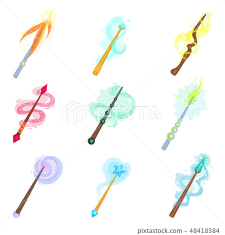 Flat vector set of different magic wands. Sticks with magical glow. Witchcraft theme colorful icons Flat vector set of different magic wands. Sticks with magical glow. Witchcraft theme colorful icons 48418384