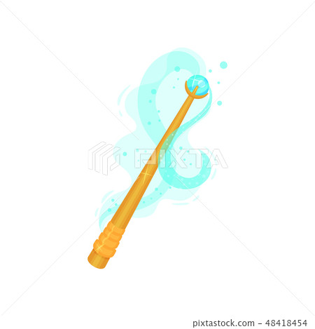 Golden magic wand with blue shiny gemstone. Stick with magical power. Flat vector for mobile game or Golden magic wand with blue shiny gemstone. Stick with magical power. Flat vector for mobile game or 48418454