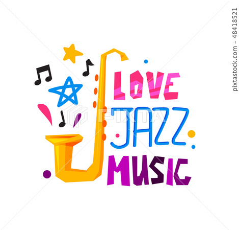 Original emblem for jazz festival. Abstract logo with saxophone, stars and musical notes. Flat Original emblem for jazz festival. Abstract logo with saxophone, stars and musical notes. Flat 48418521