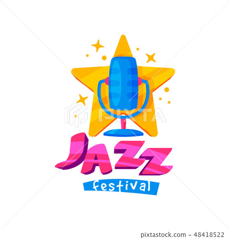 Bright emblem for jazz festival. Colorful emblem with star and retro microphone. Musical theme. Flat 48418522